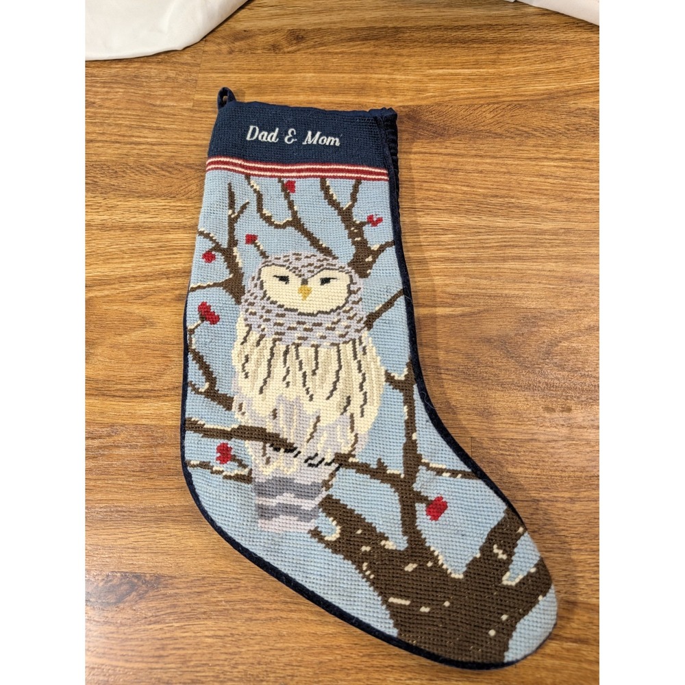 Lands End Wool Blend Owl Christmas Stocking "Dad & Mom"